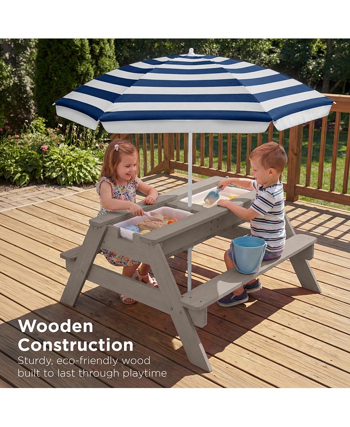 Best Choice Products Kids 3-in-1 Outdoor Convertible Activity Sand & Water Picnic Table w/ Umbrella - Gray - H6 - 98