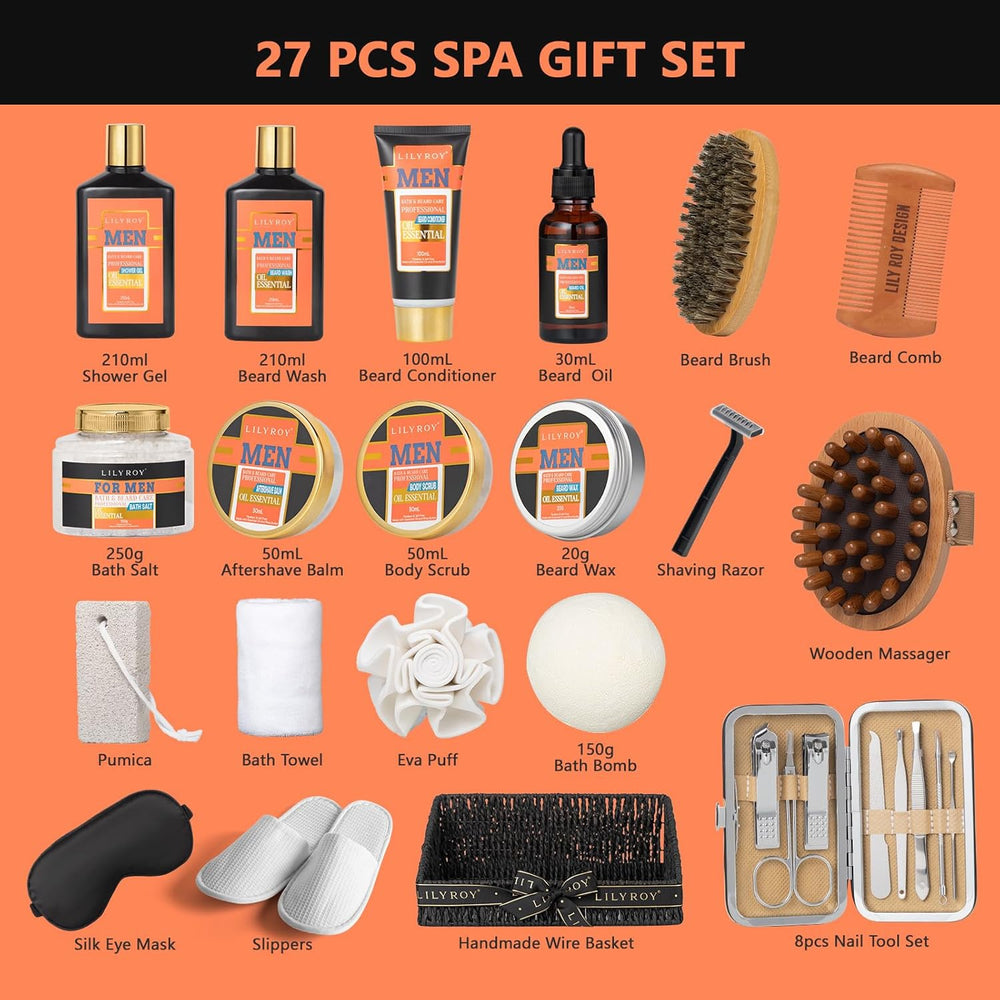 27Pcs Valentines Day Gifts Spa Gift Basket for Men - Bath and Body Gift Basket Set for Dad with Massager | Perfect Gifts for Christmas, Fathers Day, Birthday Gift Beard Bath Spa Gift Set for Men 1300