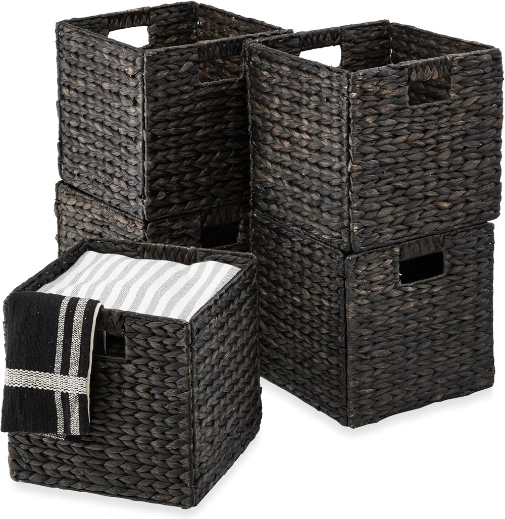 Best Choice Products 13x13in Pack of 5 Cube Storage Baskets, Water Hyacinth Multipurpose Collapsible Organizers, Handwoven Laundry Totes for Laundry, Living Room, Kids Room & Nursery - Black - A10 - 1473