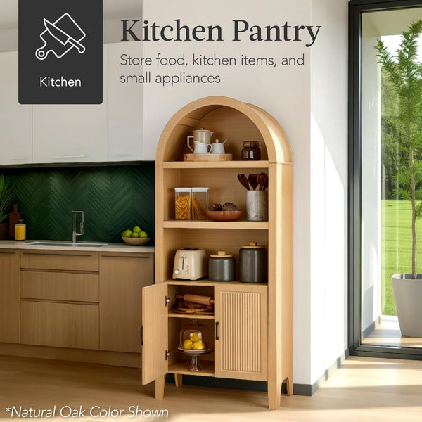 Best Choice Products 72in Tall Arched Pantry Cabinet w/Doors, 5-Tier Bookshelf, Armoire, Hutch, Bookcase, Storage Cabinet w/Adjustable Shelves - Walnut 1773