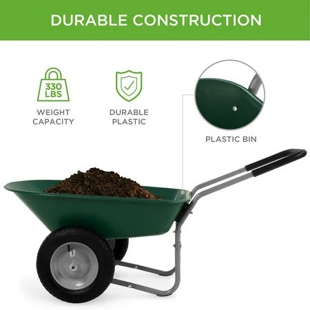 Best Choice Products Dual-Wheel Home Wheelbarrow Yard Garden Cart for Lawn, Construction - Green 1229