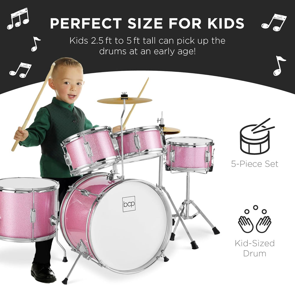 Best Choice Products Kids 5-Piece Beginner Drum Set Junior Kit, Starter Percussion w/Cymbals, Pedal, Toms, Snare, Drumsticks, Stool - Pink Sparkle - G11 - 1061