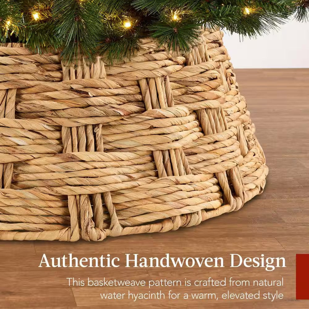 24 in. Basket Woven Hyacinth Christmas Cellulose Tree Collar, Skirt Accessory with Cord Cut-Out in Natural - B10 - 1474