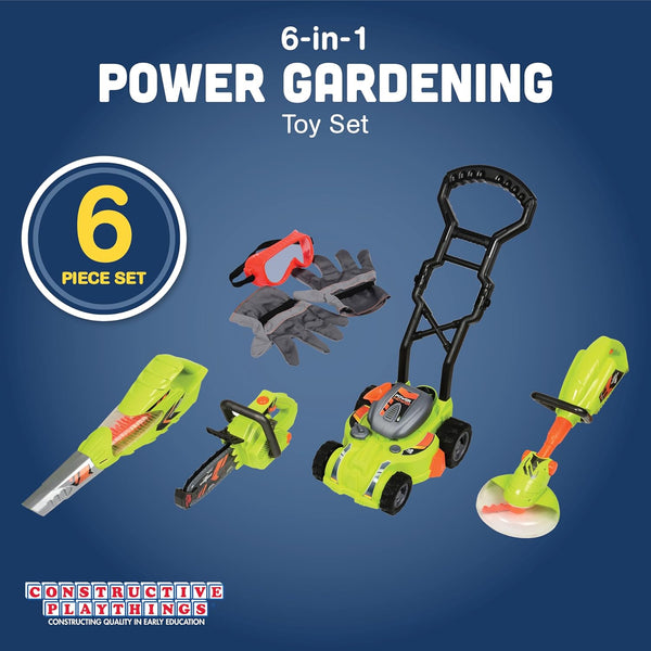 CP Toys 6-Piece Power Gardening Toy Set for Kids Ages 3+, Child Size Indoor/Outdoor Play Kids Tool Set with Leaf Blower, Chainsaw, Lawn Mower, and More, Green - F8 - 860