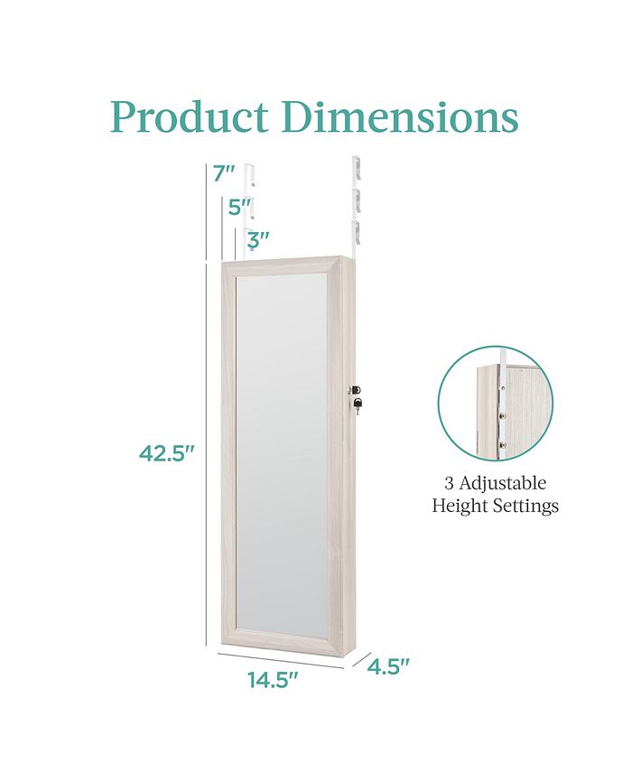Best Choice Products Hanging Mirror Jewelry Armoire, Door or Wall Mounted Cabinet w/ LED Lights, Lock - White - D2 - 1034