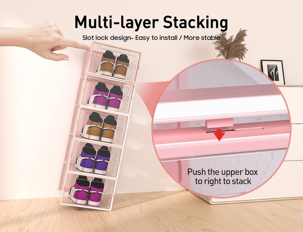 Kuject X-Large Shoe Storage Boxes Organizers Clear Plastic Stackable 12 Pack, Shoe Rack & Holder Substitute, Sneaker Containers, Toy Storage Organizer Bins for Entryway, Closet, Under Bed, Pink 1464