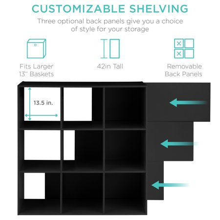 Best Choice Products 9-Cube Bookshelf, 13.5in Display Storage System, Organizer w/ Removable Back Panels - Black - G4 - 1655