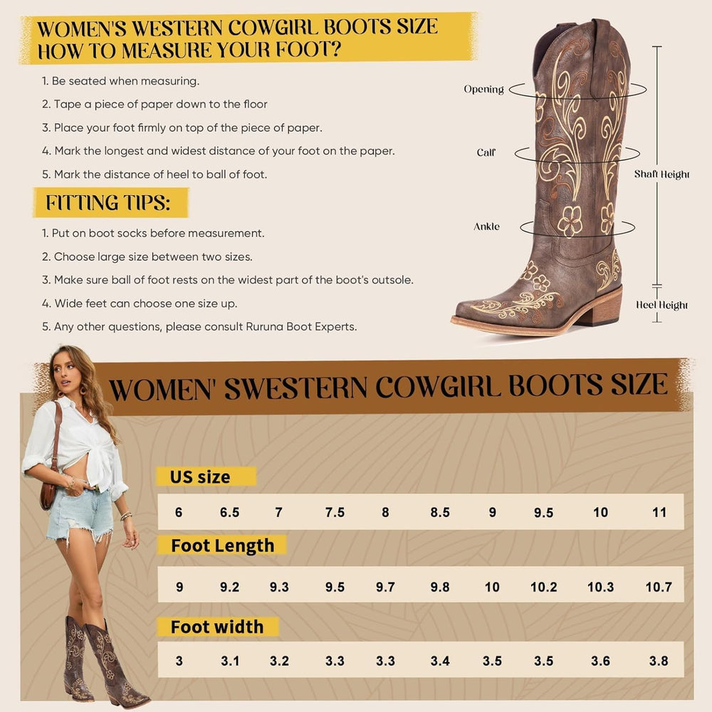 Cowboy Boots for Women Wide Calf - Cowgirl Boots with Pointed Toe and Chunky Heel for All-Day Comfort | Perfect for Country Music Festivals & Daily Wear - Size 5.5 - J13 - 255