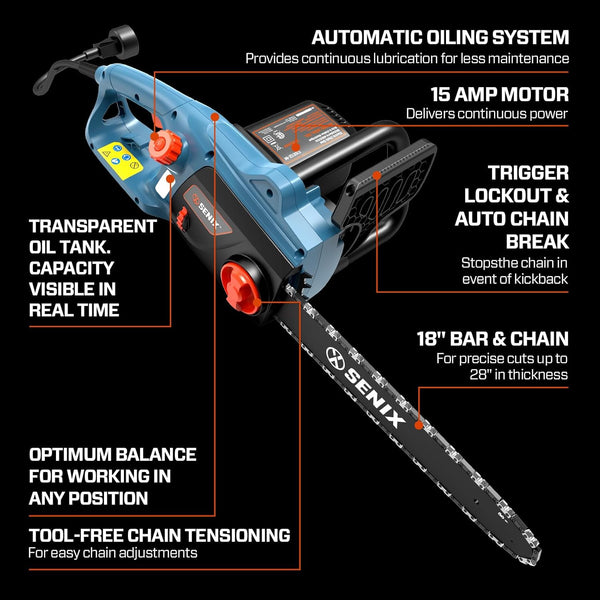 SENIX Electric Chainsaw, 18" Corded Chainsaw,15 Amp Chain Saw for Wood Cutting, Tree Trimming, Garden Tool for Pruning, Branch Cutting, Yard, Fathers Day Gift for Men,Gardener, CSE15-M 1853