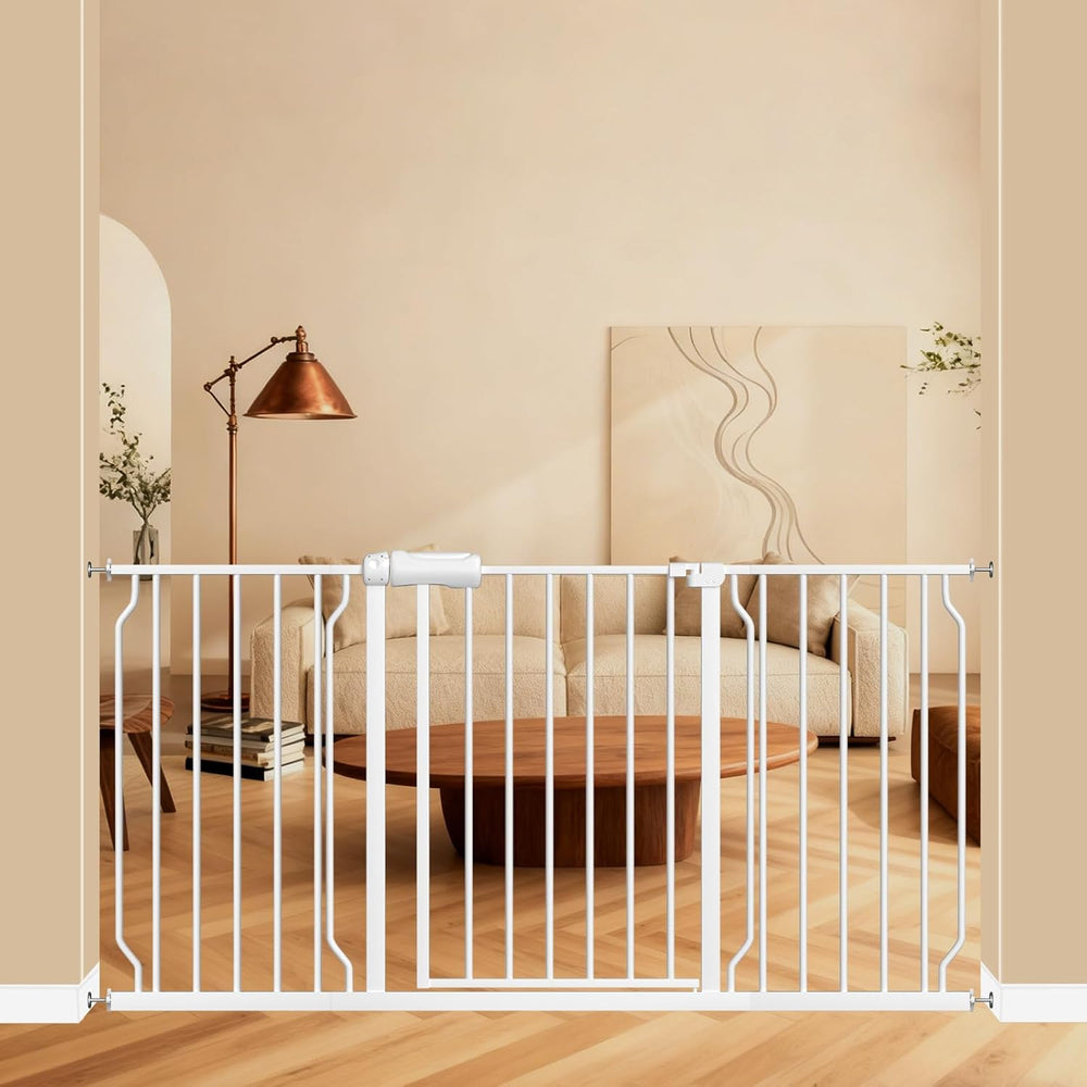 ALLAIBB Extra Wide Pressure Mounted Baby Gate Walk Through Child Kids Safety Toddler White Long Large Pet Dog Gates with Extension for doorways Kitchen and Living Room (57.48-62.20"/146-158cm) - A4 - 437