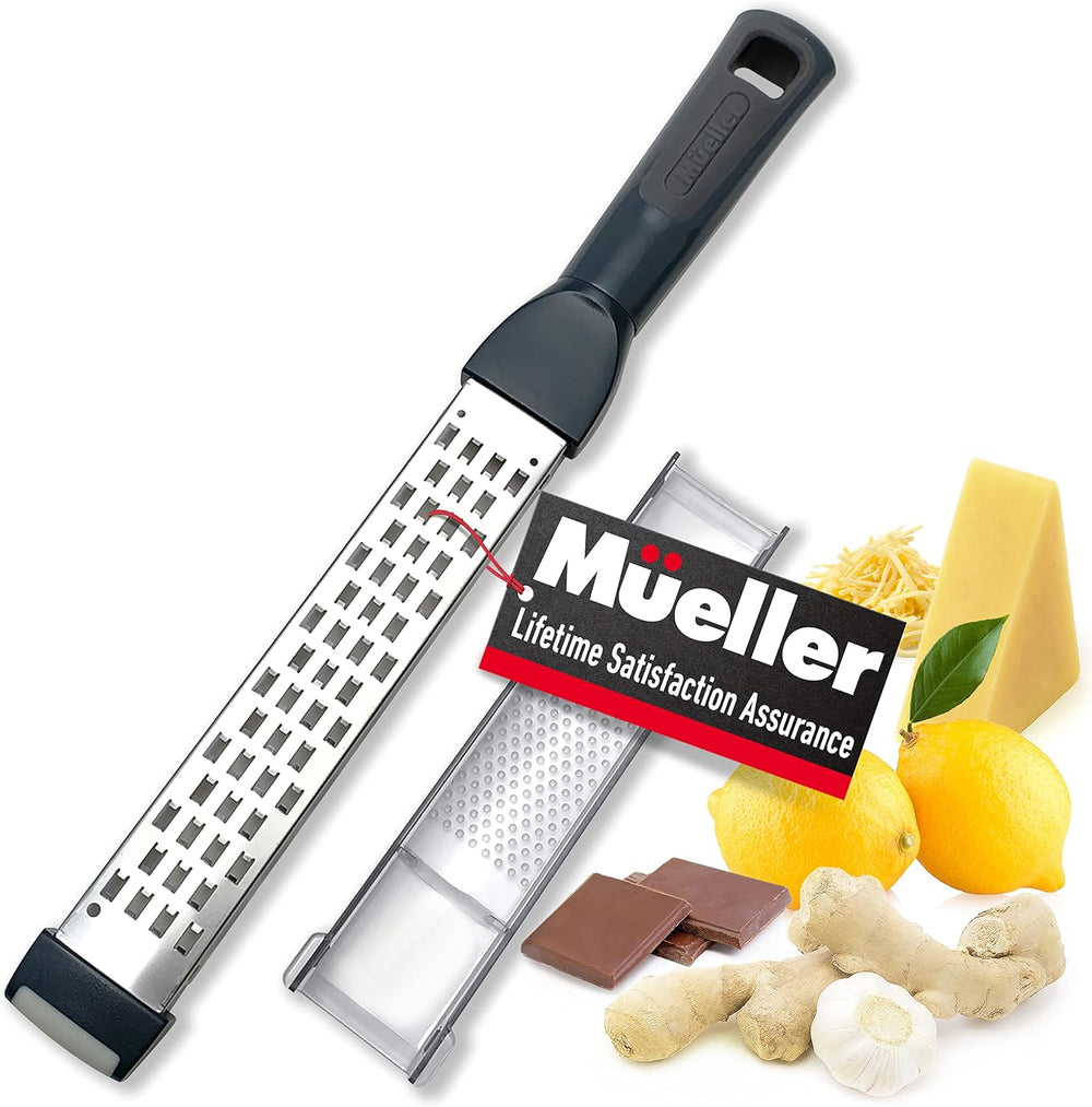Mueller Ultra Bi-Directional Citrus Zester & Cheese Grater   Parmesan Cheese Lemon, Ginger, Garlic, Nutmeg, Chocolate, Vegetables, Fruits   18/10 Razor-Sharp Stainless Steel Blade Wide Dishwasher Safe - B11 - 585