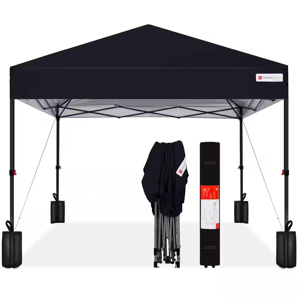 8 ft. X 8 ft. Black Pop Up Canopy with 1-Button Setup, Wheeled Case, 4-Weight Bags 1242