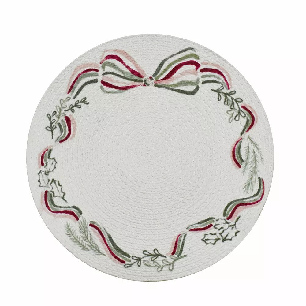 3 pack St. Nicholas Square  Ribbon Wreath Printed Braid Placemat, Ivory Wreath -B9-1234