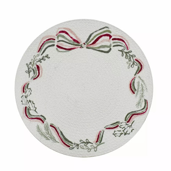 3 pack St. Nicholas Square  Ribbon Wreath Printed Braid Placemat, Ivory Wreath -B9-1234