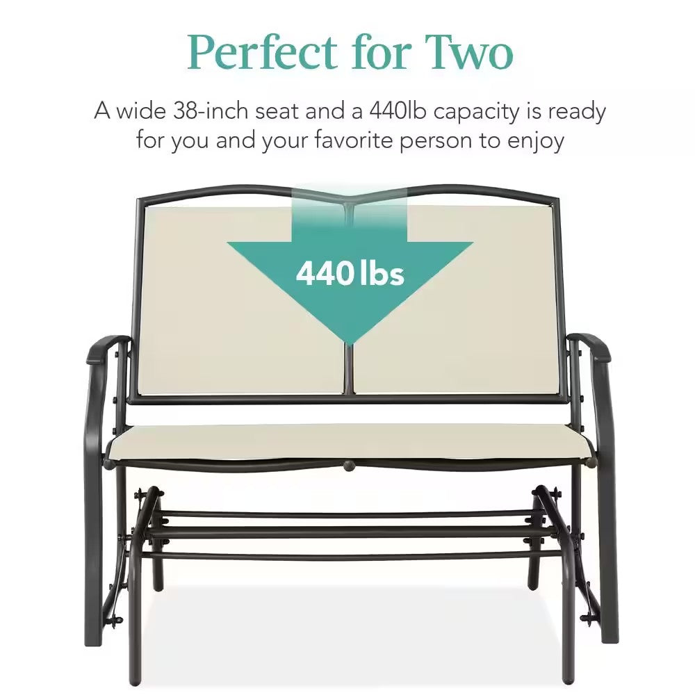 Ivory/Gray 2-Person Metal Outdoor Glider, Patio Loveseat, Fabric Bench Rocker for Porch with Armrests -H7-0107