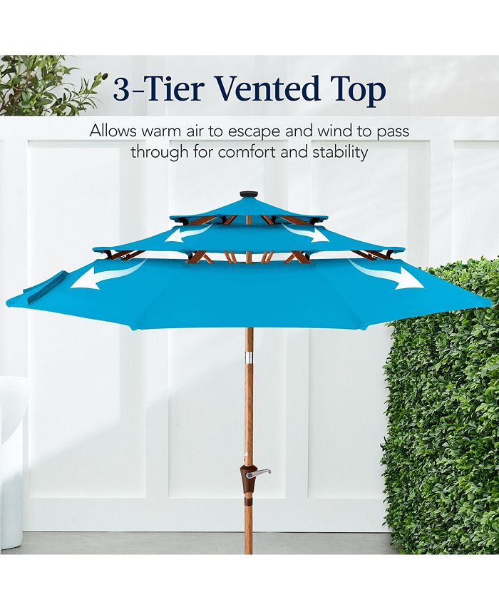 Best Choice Products Woodgrain Pattern 10ft 3-Tier Solar Patio Umbrella w/ 24 LED Lights, Tilt - Blue - B5 - 471