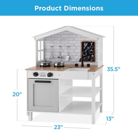 Best Choice Products Farmhouse Play Kitchen Toy for Kids w/ Chalkboard, Storage Shelves, 5 Accessories - Beveled White - B14 - 1502