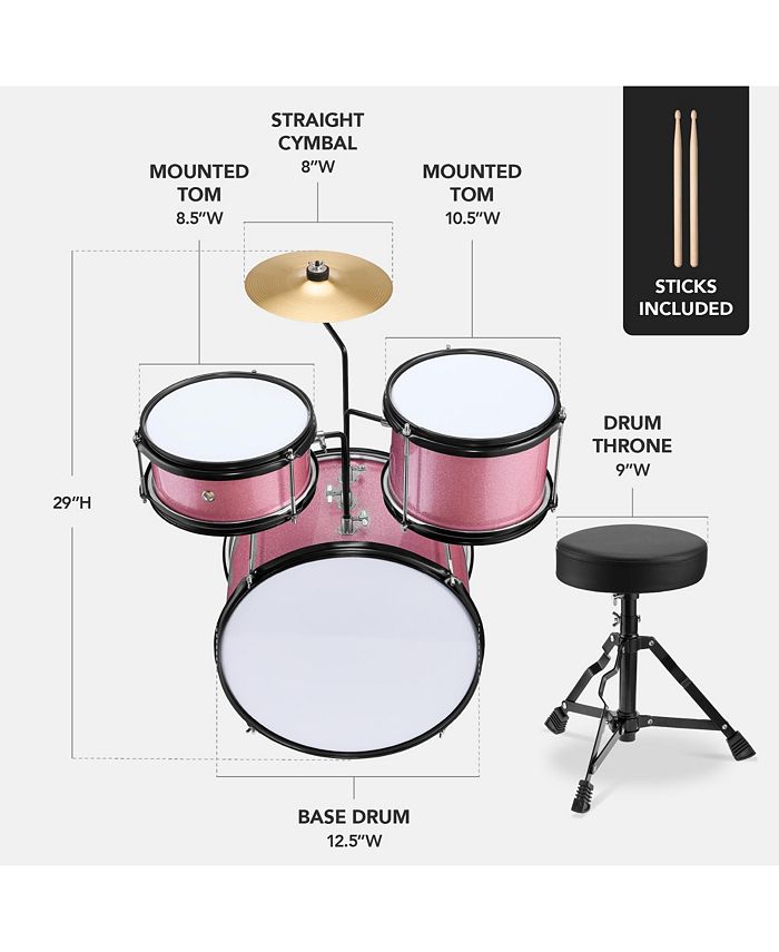 Best Choice Products Kids Beginner 3-Piece Drum, Musical Instrument Set w/ Sticks, Cushioned Stool, Drum Pedal - Pink - No Size - H2 - 991