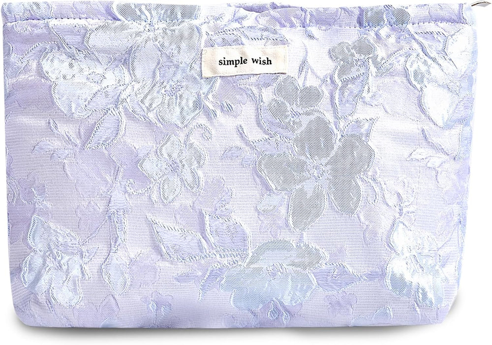 Makeup Bag Cosmetic bag Preppy Canvas Embroidery Toiletry Bag for women Cute zipper pouch Organizer Travel accessories (01-Purple Blue Embossing, Large) 1470