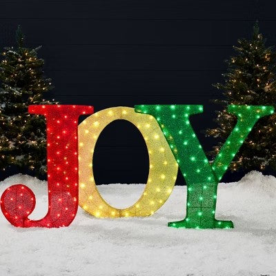 Best Choice Products 32in 3-Piece 3D Lighted Christmas JOY Yard Decoration w/ 150 LED Lights, Stakes - Red/Gold/Green -D14-0369