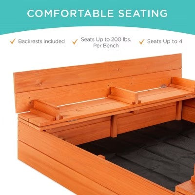 Best Choice Products 47x47-Inch Kids Wooden Outdoor Sandbox w/ 2 Foldable Bench Seats, Sand Protection, Liner - Brown - B14 - 1499