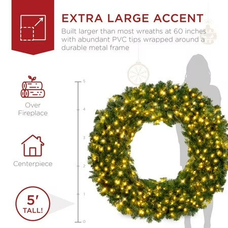 Best Choice Products 60in Artificial Pre-Lit Fir Christmas Wreath Decoration w/ 375 LED Lights, 930 Tips, Power Plug-In -E3-1663