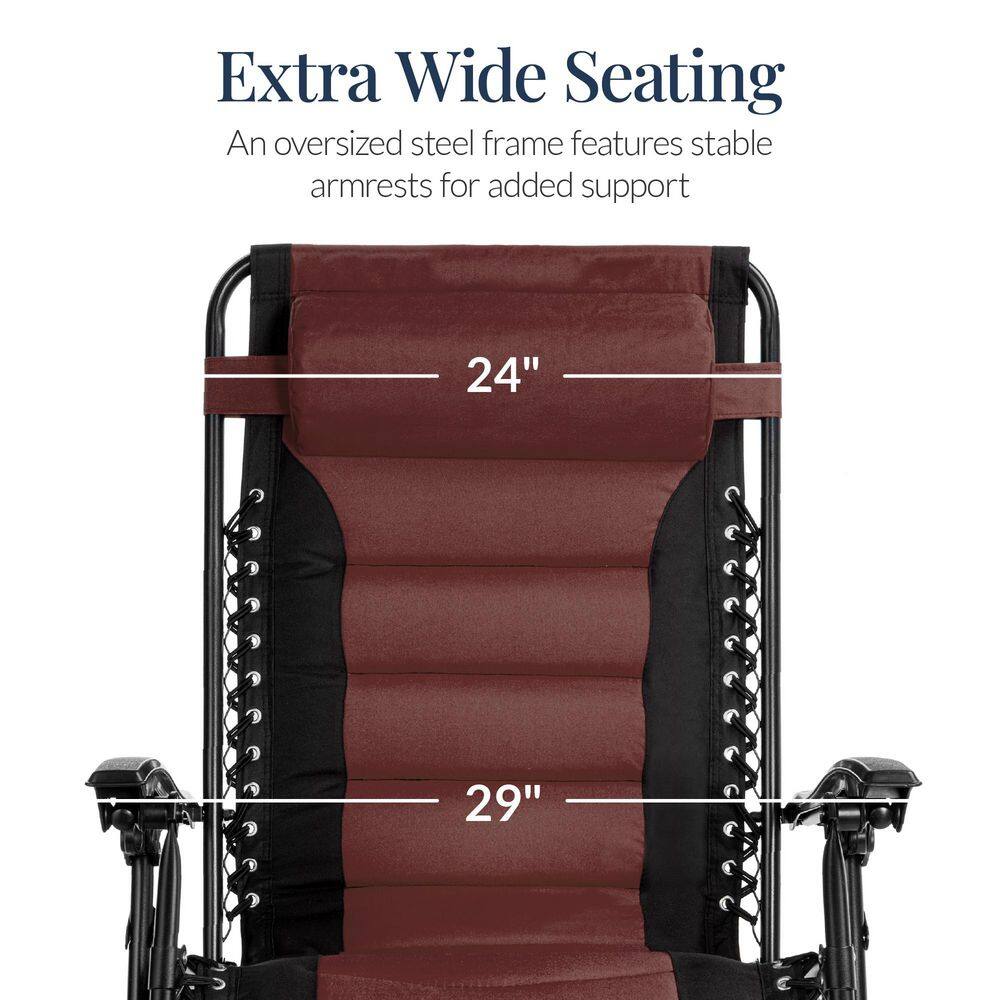 Oversized Padded Zero Gravity Brown Metal Reclining Outdoor Lawn Chair w/Side Tray -D9-0593
