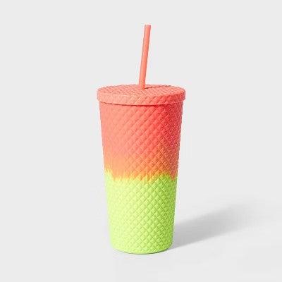 23oz Double Wall Texture Diamond Tumbler with Straw Pink/Green - Sun Squad  - F10 - 1911