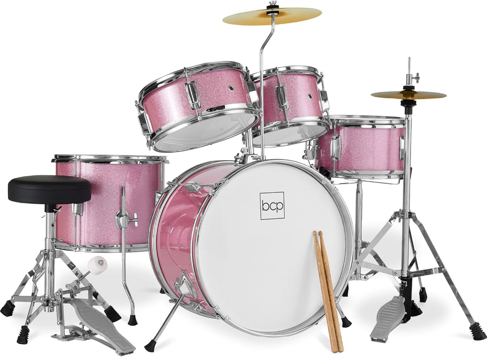 Best Choice Products Kids 5-Piece Beginner Drum Set Junior Kit, Starter Percussion w/Cymbals, Pedal, Toms, Snare, Drumsticks, Stool - Pink Sparkle - G11 - 1061