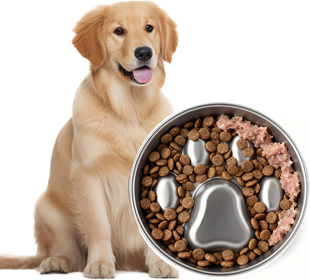 PawsPik Stainless Steel Slow Feeder Dog Bowl   4 Cup Capacity, 18/8 Food-Grade Metal, Anti-Slip Silicone Base, Four-Ridge Design for Slow Eating & Improved Digestion - F6 - 1805