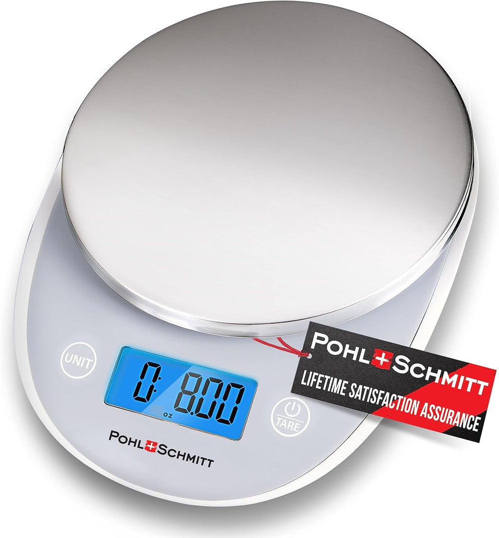 Pohl+Schmitt Digital Food Kitchen Scale, Multifunctional Weight Measuring for Cooking and Baking in Grams/Ounces, Auto Shut-Off, Stainless Steel (Batteries Included) (Silver) -B13-1330