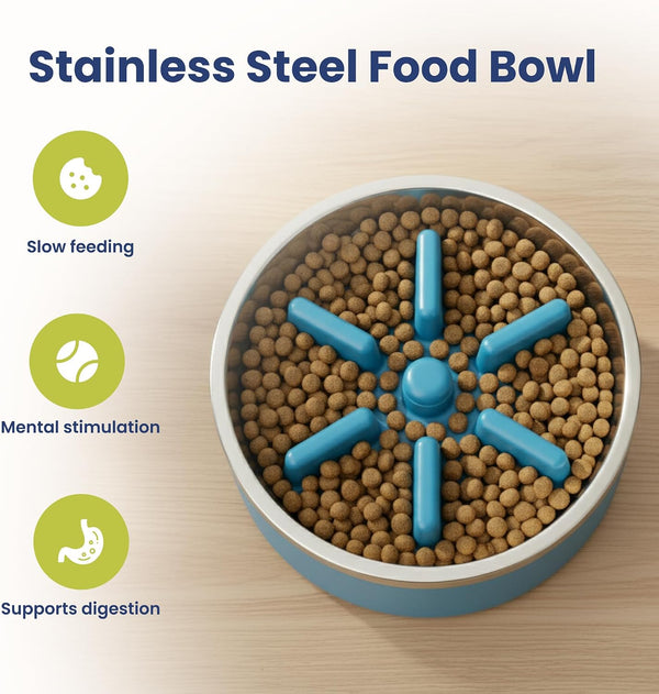 PawsPik 64oz 18/8 Stainless Steel Slow Feeder Dog Bowl, Double-Wall Non-Slip Metal Dog Bowl for Fast Eating Medium & Large Breeds, Detachable Slow Feeder Insert, Dishwasher Safe (Midnight Summit Blue) - L10 - 1650