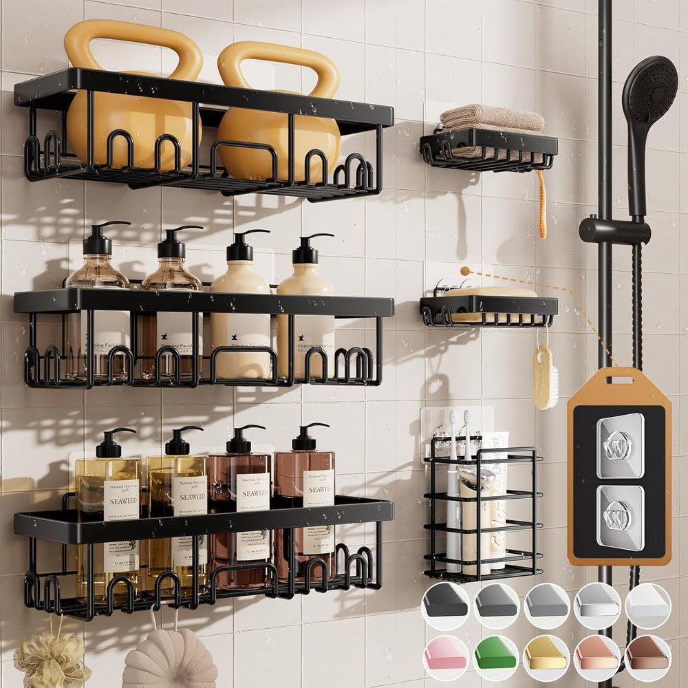 Veken Shower Caddy 6-Pack, Advanced Rustproof Design, No Drilling Adhesive Shelves, Rack with Soap Holder, Large Capacity Bathroom Organizers and Storage, Wall-Mounted Kitchen & Home Decor 1379