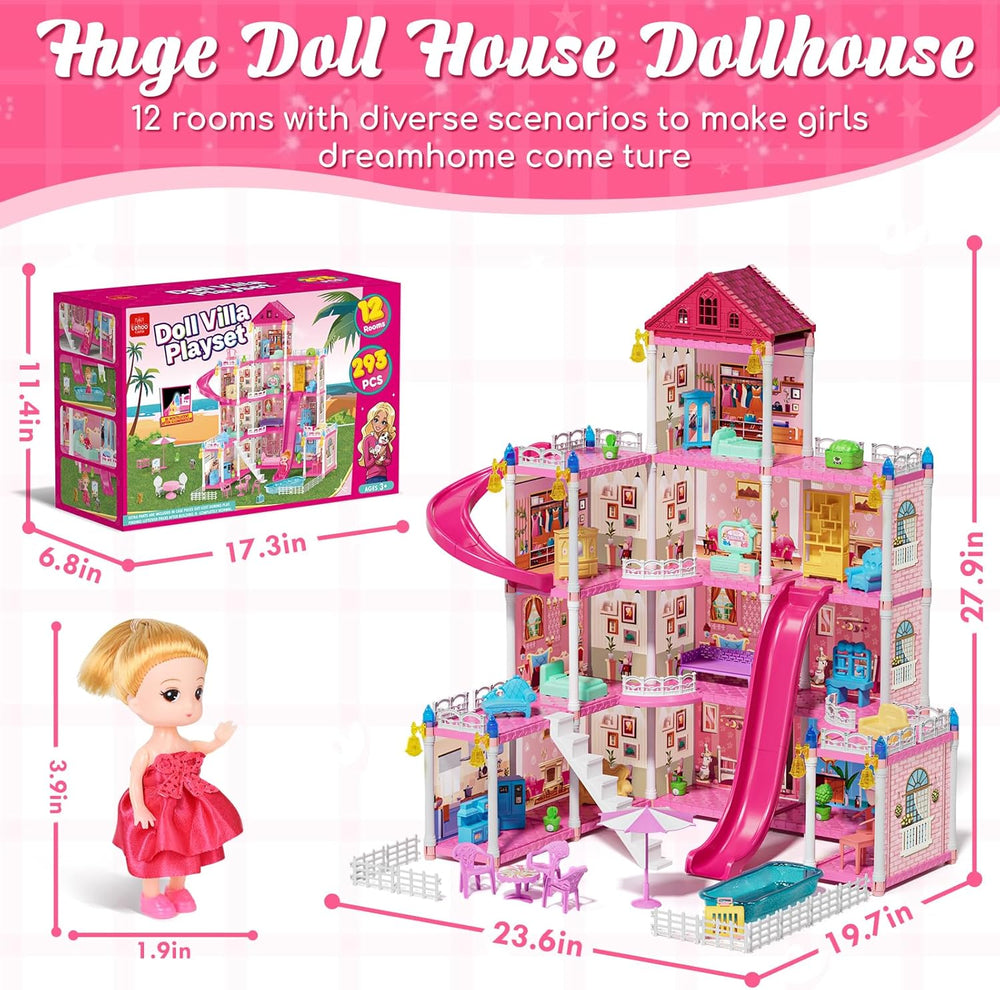 Lehoo Castle Doll House Dreamhome, 4-Story 12 Rooms Dollhouse Playhouse with Doll and Furniture, Pretend Dream Dollhouse Playset Pink Girl Toys, Sturdy Construction, Easy to Move, Ideal Gift Toy 1465