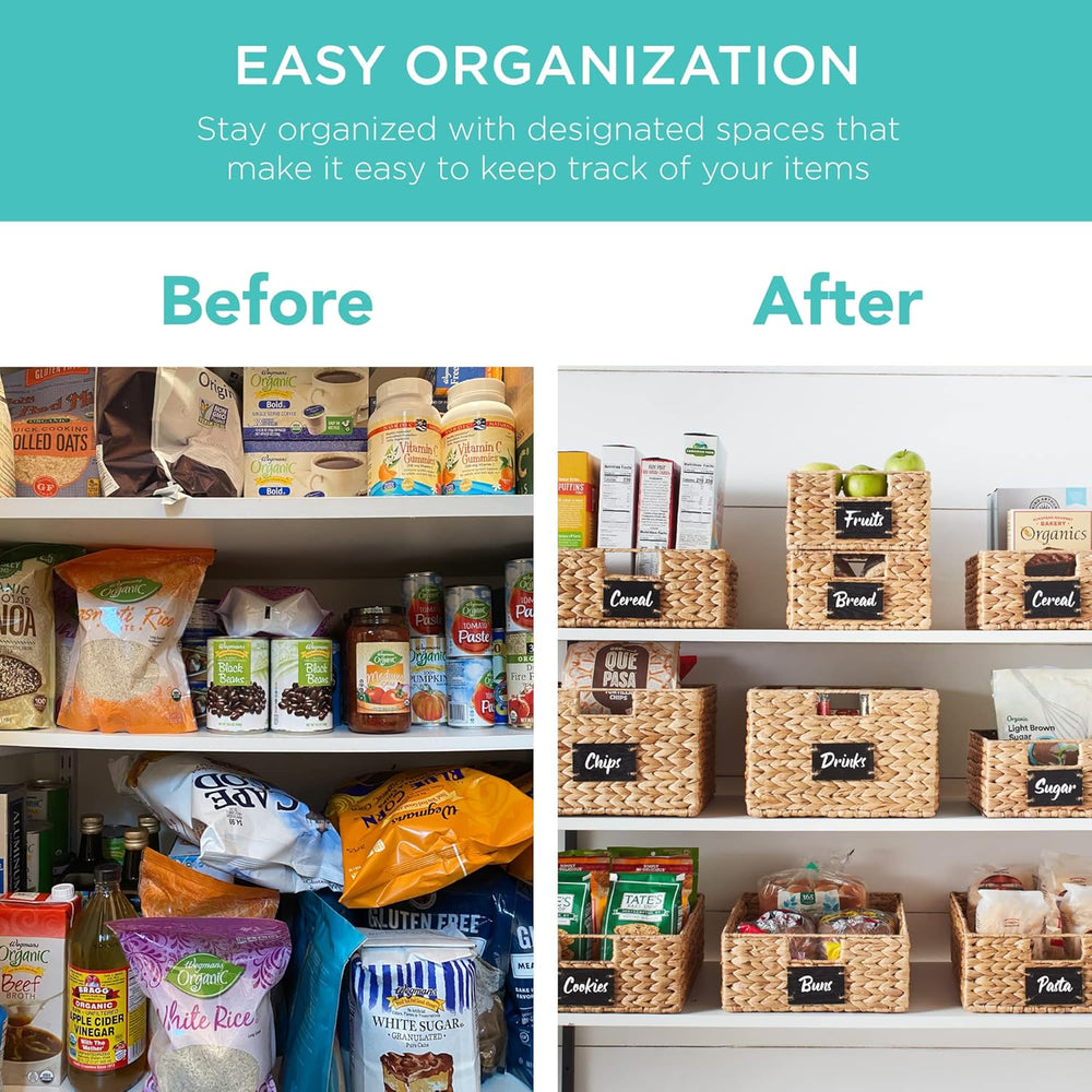 Best Choice Products Set of 4 9x12in Water Hyacinth Pantry Baskets, Woven Organizers w/Chalkboard Label, Chalk Marker - Natural - B2 - 1039