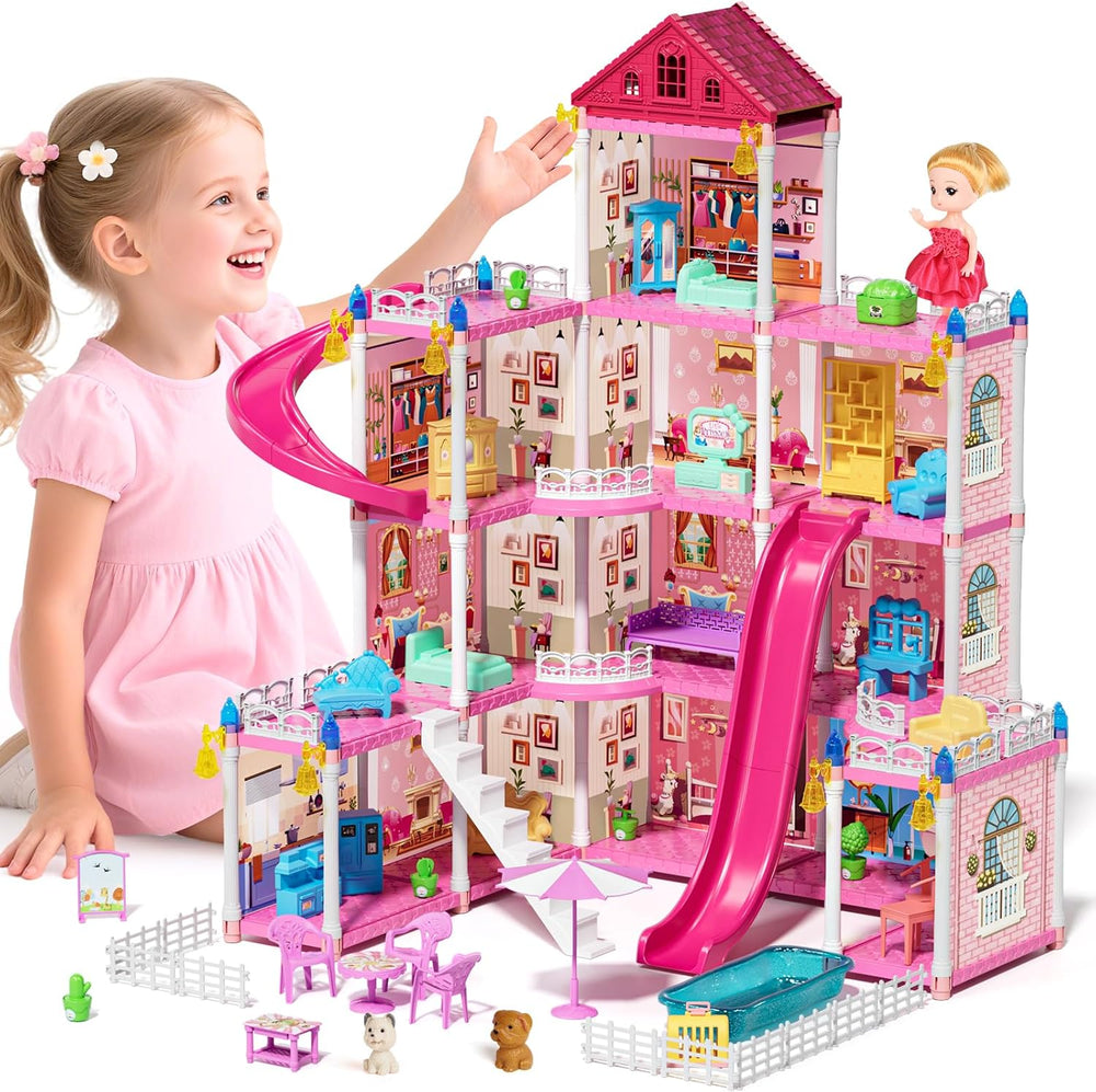 Lehoo Castle Doll House Dreamhome, 4-Story 12 Rooms Dollhouse Playhouse with Doll and Furniture, Pretend Dream Dollhouse Playset Pink Girl Toys, Sturdy Construction, Easy to Move, Ideal Gift Toy 1465