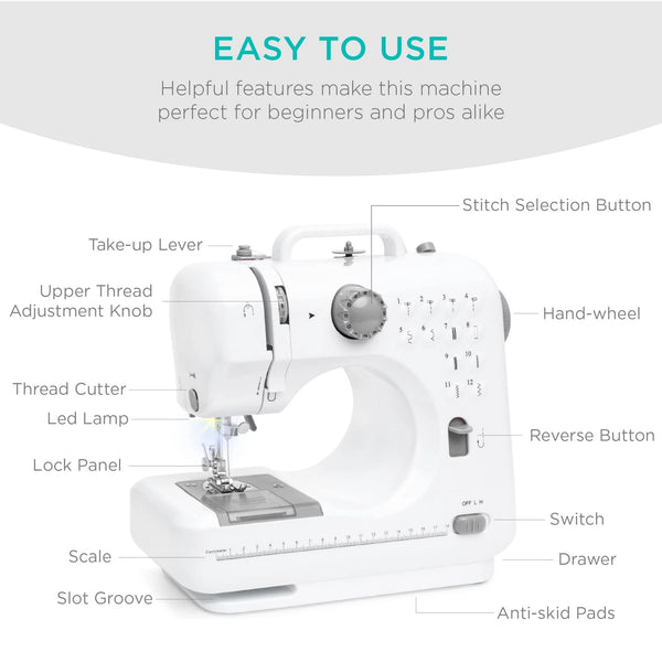 Best Choice Products 6V Portable Sewing Machine 42-Piece Beginners Kit w/ 12 Stitch Patterns - Gray/White 1798