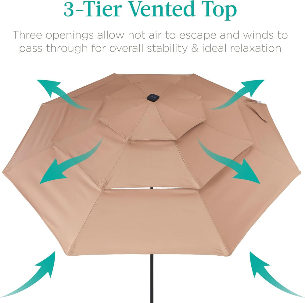 Best Choice Products 10ft 3-Tier Patio Umbrella, Outdoor Market Sun Shade for Backyard, Deck, Poolside w/ 24 LED Lights, Tilt Adjustment, Easy Crank, 8 Ribs 1489