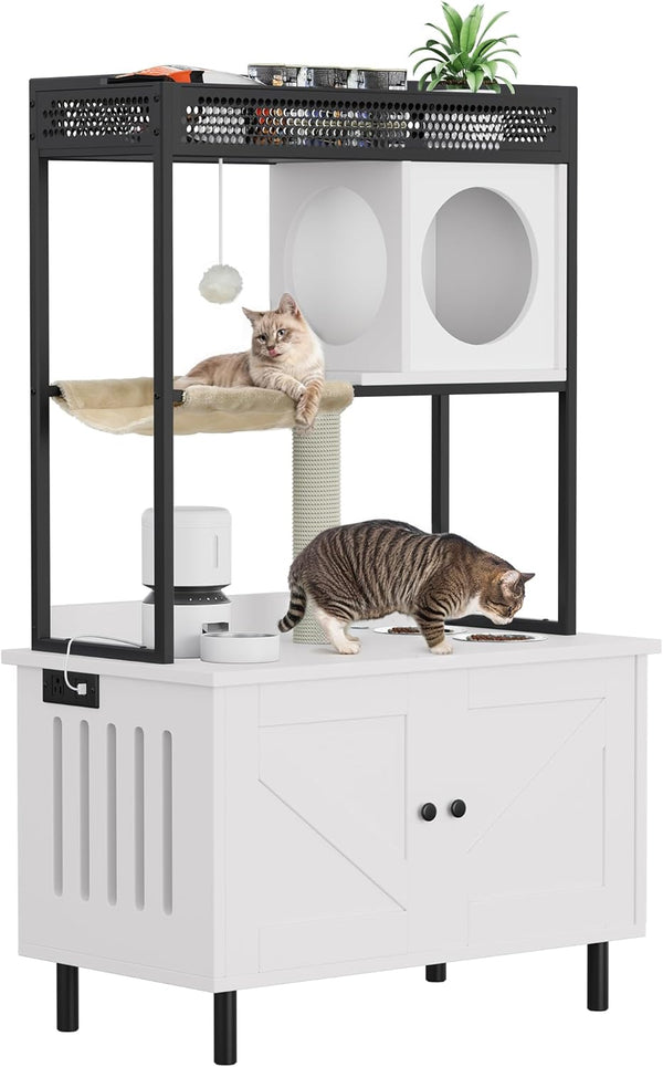 YITAHOME Cat Litter Box Enclosure with Shelves and Charging Station, Large Hidden Wooden Cabinet with Scratch Post, Feeding Station, and House Condo, White - H1 - 1896
