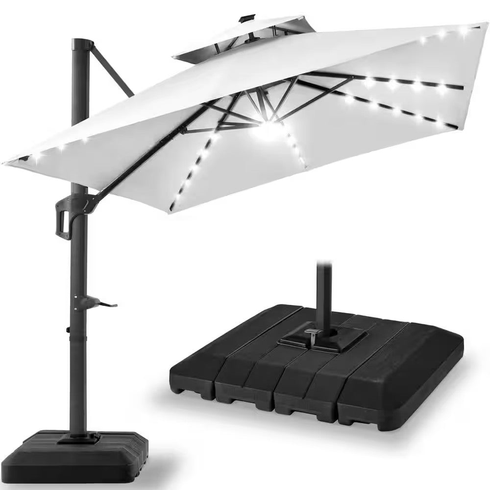 10 ft. Solar LED 2-Tier Square Cantilever Patio Umbrella with Base Included in Fog Gray - TR - 280