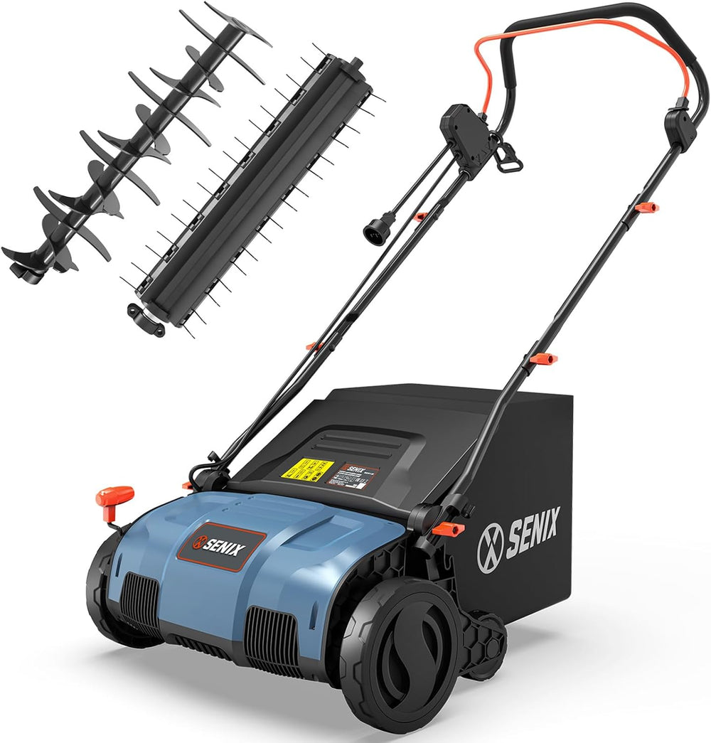 SENIX 13 Amp 15-Inch 2-in-1 Electric Dethatcher and Scarifier with 13.2-Gal Collection Bag,4-Position Depth Adjustment,Walk Behind for Lawn Garden Care Removing Thatch,Quick-Fold(SCE13-M) 1510