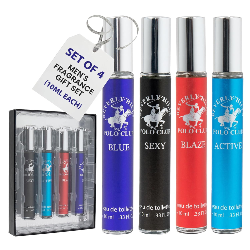 Beverly Hills Polo Club EDT Pen Spray Collection - Set of 4 Men's Fragrance Gift Set - Active, Sexy, Blaze and Blue Scent - Long-Lasting, Travel-Friendly Cologne for Men (10ml Each) -F6-0046