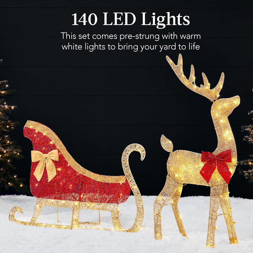 Best Choice Products 4ft Lighted 2D Reindeer & Sleigh Set, Christmas Holiday Deer & Sled Outdoor Yard Decoration w/ 140 LED Lights - Gold 1487
