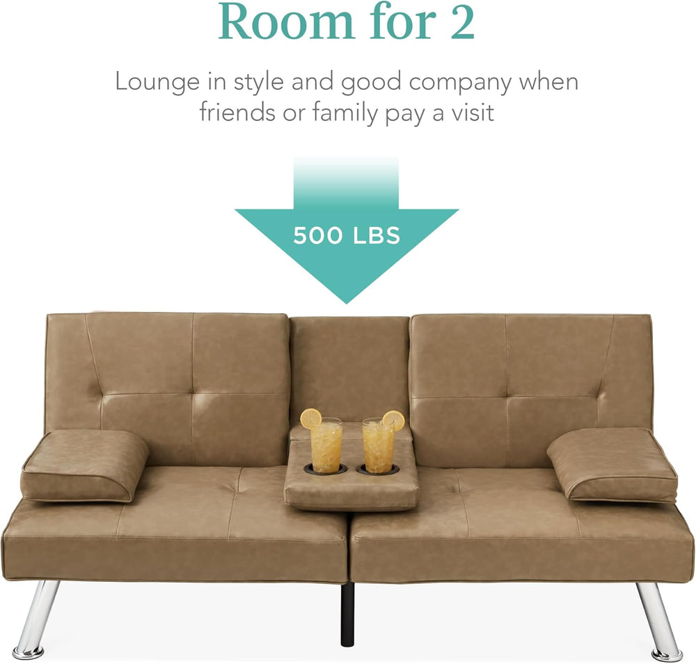 Best Choice Products Faux Leather Upholstered Modern Convertible Futon, Adjustable Folding Sofa Bed, Guest Bed w/Removable Armrests - Taupe - H3 - 1012