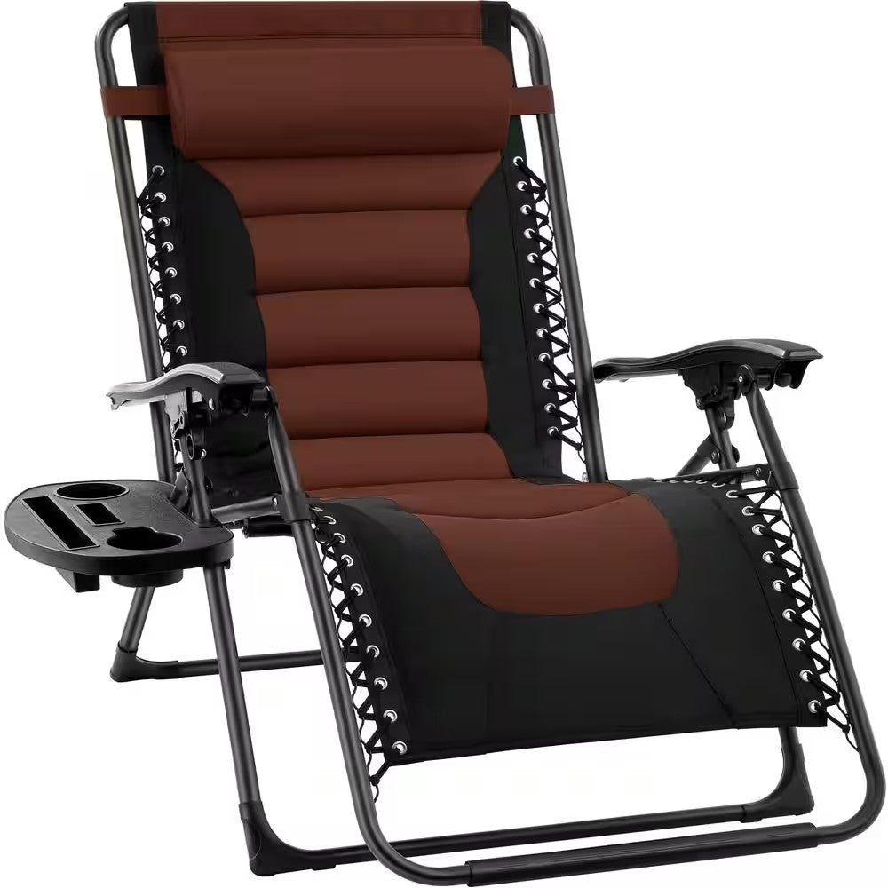 Oversized Padded Zero Gravity Brown Metal Reclining Outdoor Lawn Chair w/Side Tray -D9-0593