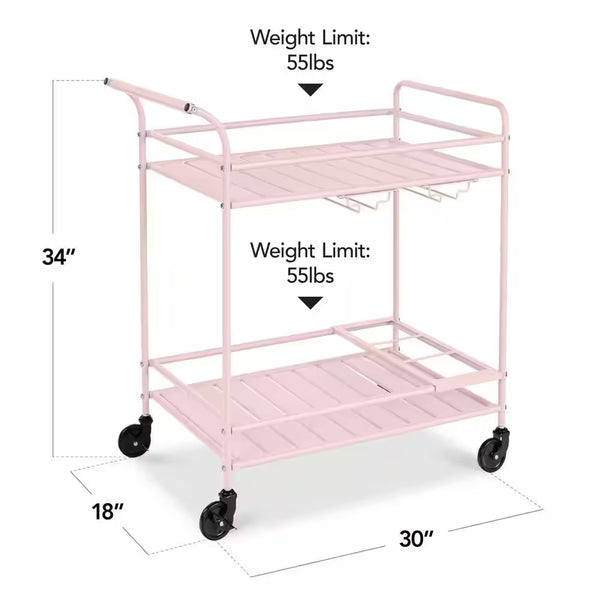 2-Tier Pink Outdoor/Indoor Metal Bar Serving Cart with Storage Shelves and Lockable Wheels 1737