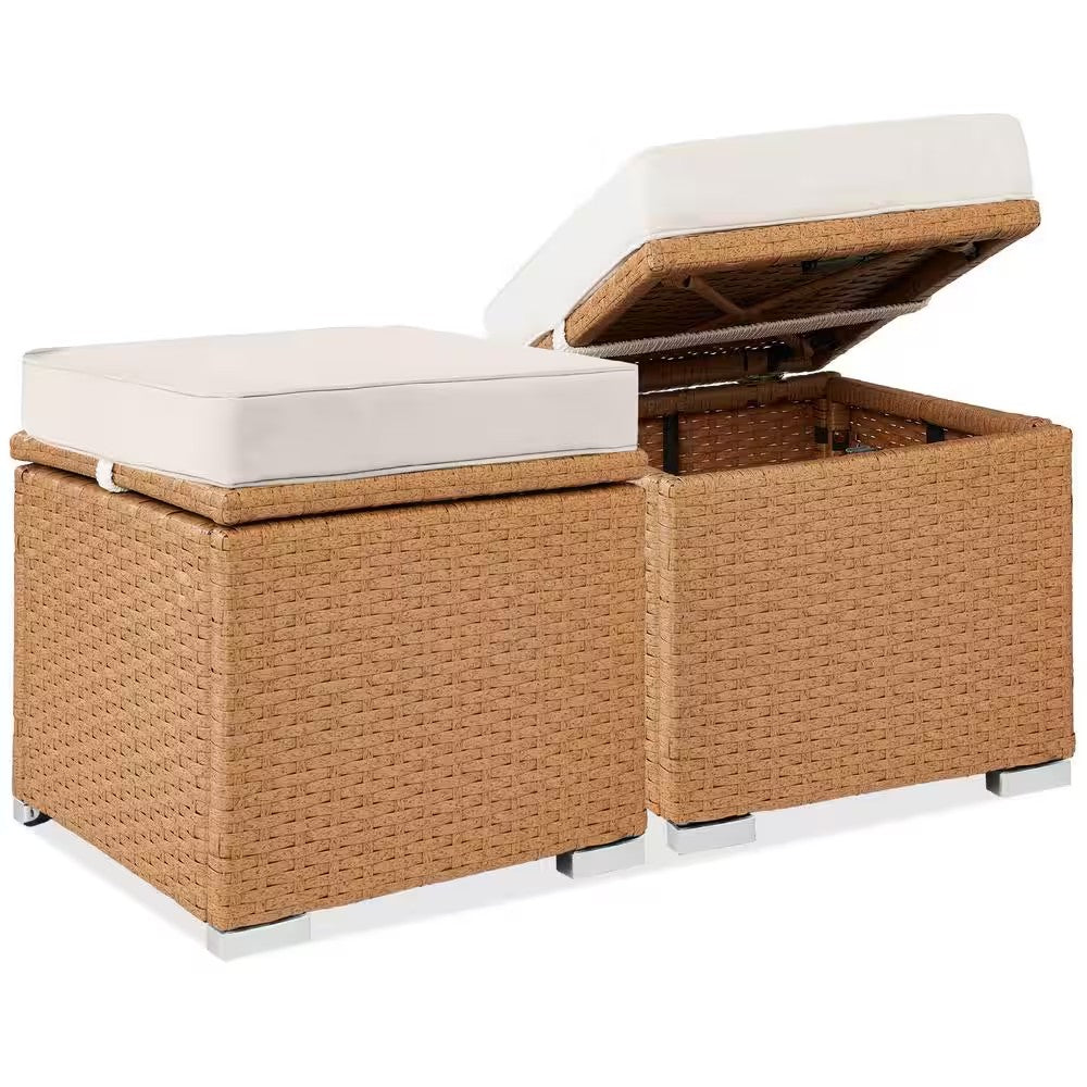 Natural Wicker Outdoor Ottoman, Multipurpose Outdoor Patio Furniture with Removable Ivory Cushions (2-Pack) -B3-0458