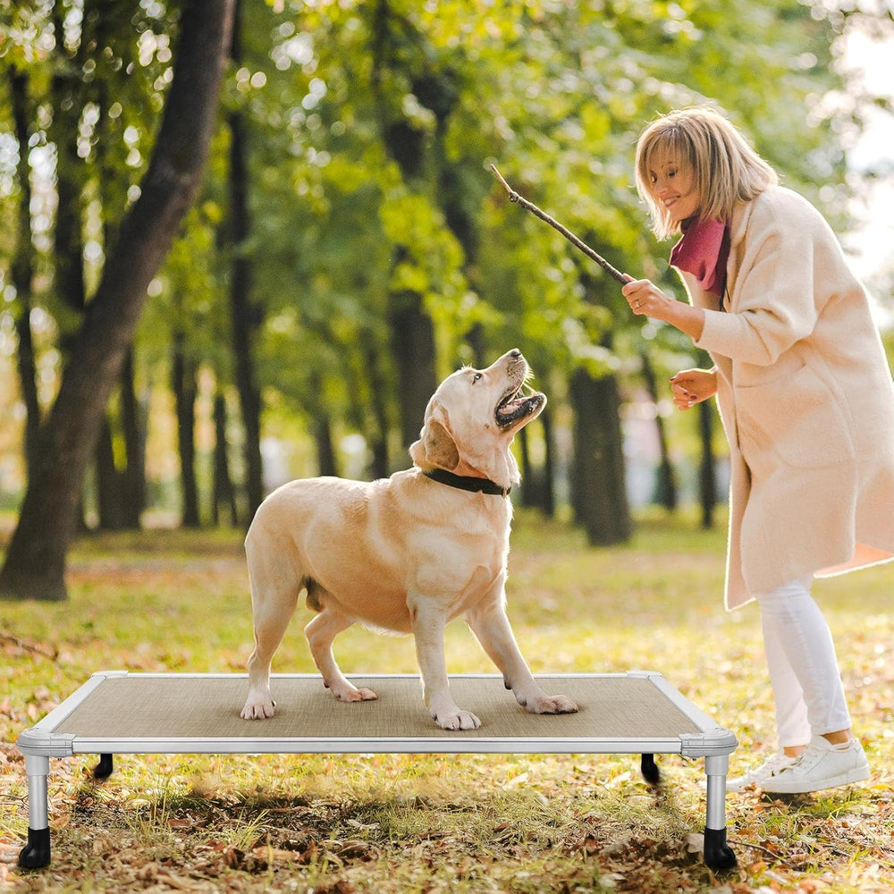Veehoo Chew Proof Elevated Dog Bed - Cooling Raised Pet Cot - Silver Aluminum Frame and Durable Textilene Mesh Fabric, Unique Designed No-Slip Feet for Indoor or Outdoor Use, Beige Coffee, Large - J4 - 1993