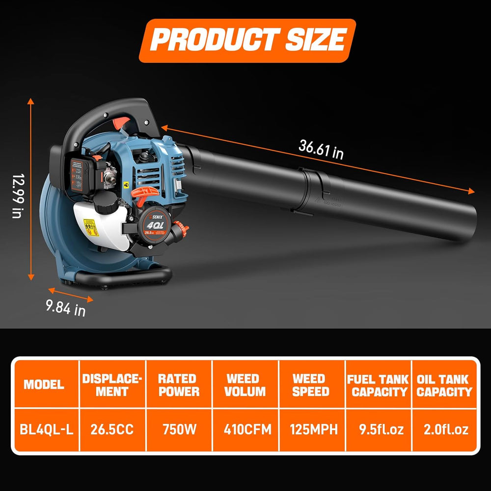 SENIX 4QL 26.5 cc 4-Cycle Handheld Gas Powered Leaf Blower for Lawn Care Clean Up, Up to 410 CFM and 125 MPH, Light Weight, Dual Grip Handle, BL4QL-L, Blue 1504