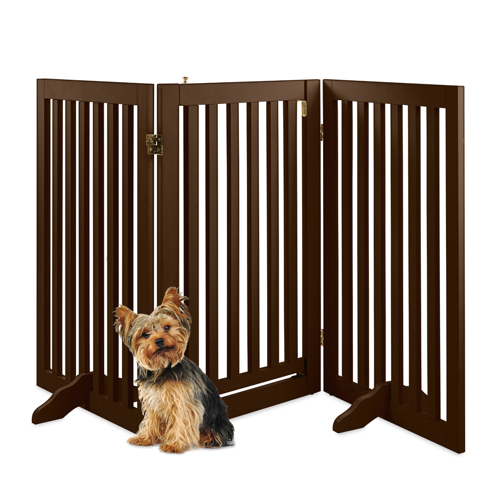 31.5in 3-Panel Freestanding Wooden Pet Gate W/ Door, Support Feet - Espresso 1816